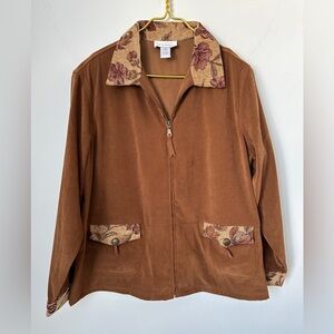 Vintage Susan Graver Brown Floral Zip Front Unique Tapestry Jacket Women’s XL